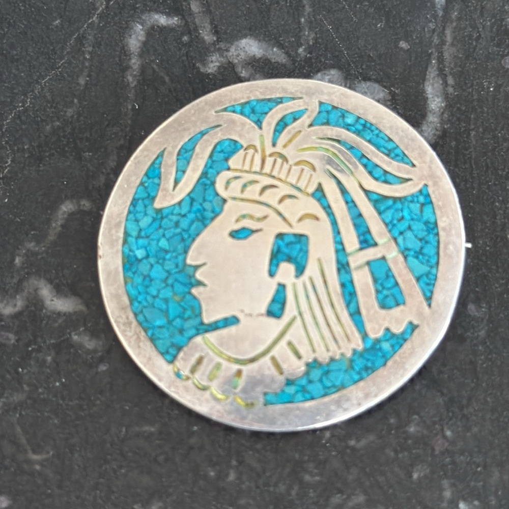 Aztec Turquoise and Silver Pendant/Brooch